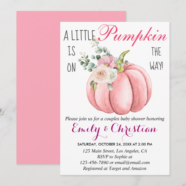 Cute Pink Floral Little Pumpkin Couple Baby Shower Invitation (Front/Back)
