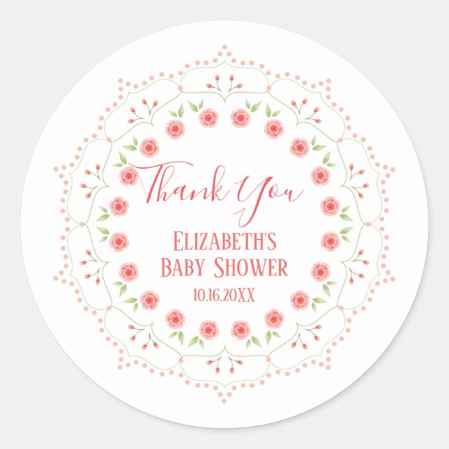 Cute Pink Floral Minimalist Calligraphy Wreath Classic Round Sticker (Front)