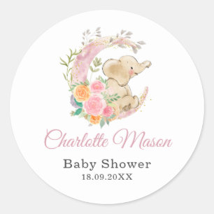 Cute Pink Floral Moon Girl Elephant Baby Shower Classic Round Sticker