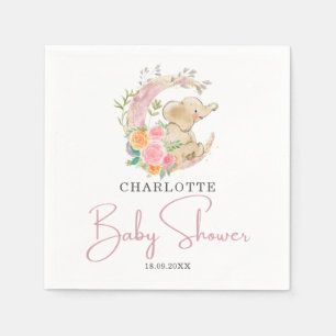 Cute Pink Floral Moon Girl Elephant Baby Shower Napkin