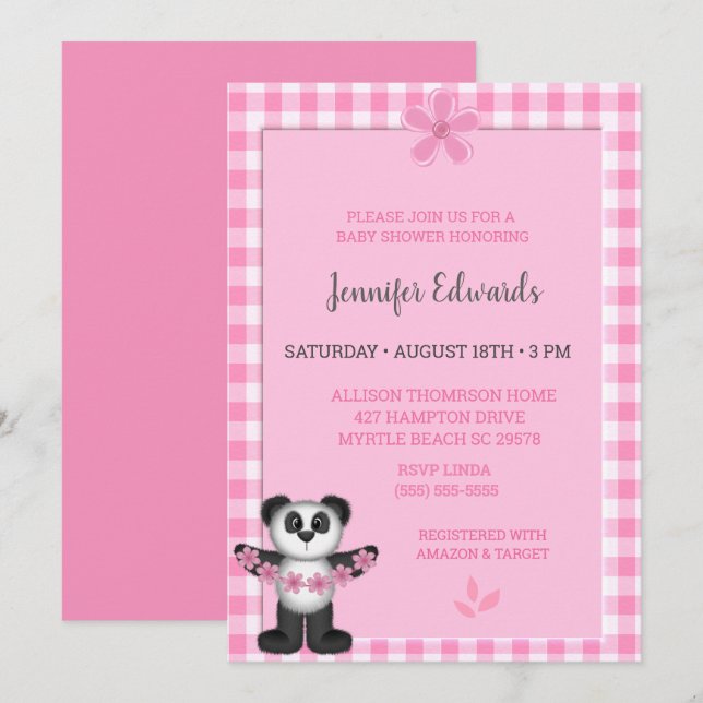  Cute Pink Floral Panda Bear Baby Shower  Invitation (Front/Back)