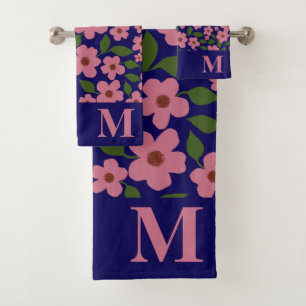 Cute pink floral pattern Monogram  Bath Towel Set