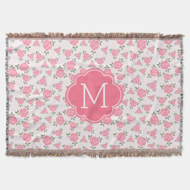 Cute Pink Floral Pattern Monogram Throw Blanket (Front)