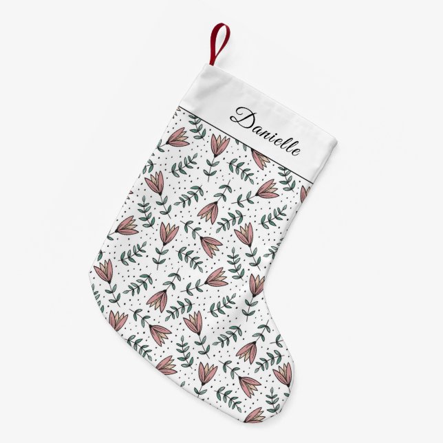 Cute Pink Floral Pattern Name Small Christmas Stocking (Front (Hanging))