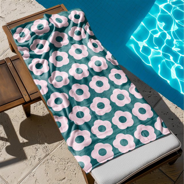 Cute Pink Floral Pattern Retro Bath Towel (summer floral pattern bath towel in teal and pink colors)