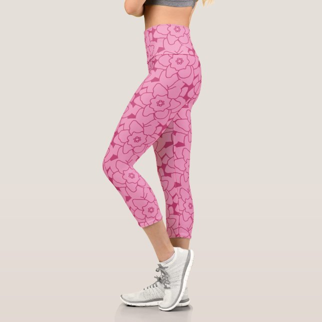 Cute Pink Floral Pattern Trendy Fitness Athletic Capri Leggings (Left)