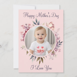 Cute Pink Floral Photo Happy Mother's Day Holiday Card