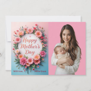 Cute Pink Floral Photo Mother's Day Card
