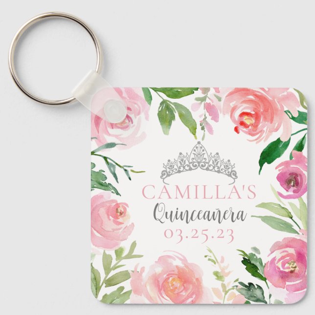Cute Pink Floral Quinceañera Silver Tiara Custom Keychain (Front)