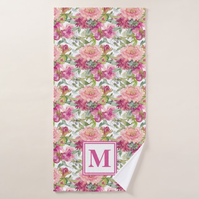 Cute Pink Floral Sage Green Leaves Monogram Bath Towel (Bath Towel)
