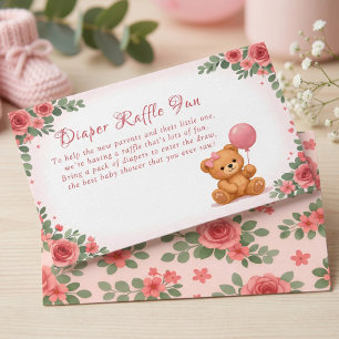 Cute Pink Floral Teddy Bear Diaper Raffle Enclosure Card