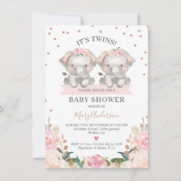Cute Pink Floral Twin Girls Elephants Baby Shower