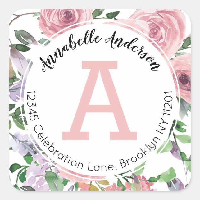 Cute Pink Floral Watercolor Monogram Address Label (Front)