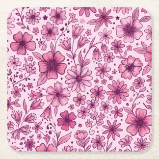 Cute Pink Floral Wild Flowers Birthday Party Square Paper Coaster
