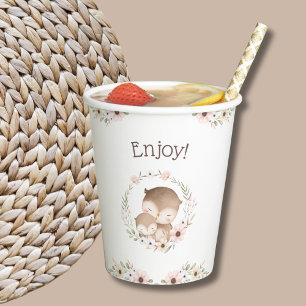 Cute Pink Floral Woodland Owl Baby Shower Paper Cups