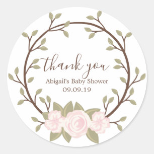 Cute Pink Floral Wreath Baby Shower Classic Round Sticker