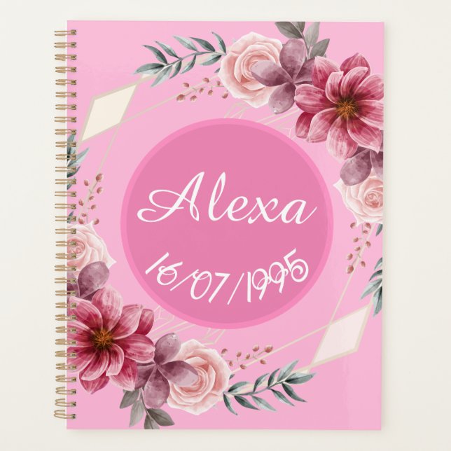 Cute Pink Floral Wreath Birthday Planner (Front)