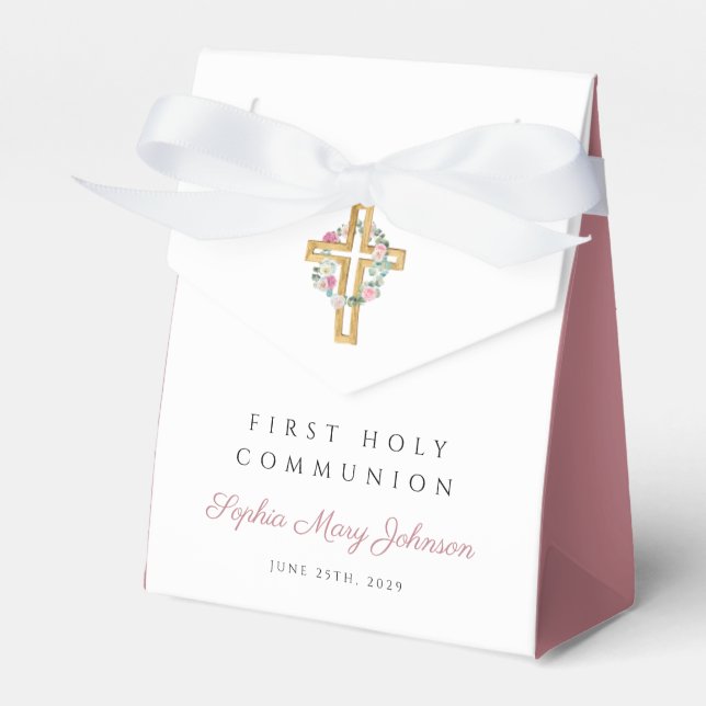 Cute Pink Floral Wreath Girl First Communion Favor Box (Front Side)