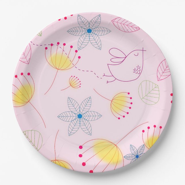 Cute pink flower and bird paper plate, paper plate (Front)