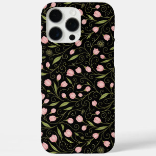 Cute, pink flower on black with repeating pattern iPhone 16 pro max case