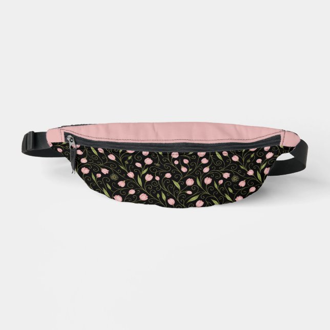 Cute, pink flower on black with repeating pattern  fanny pack (Front)