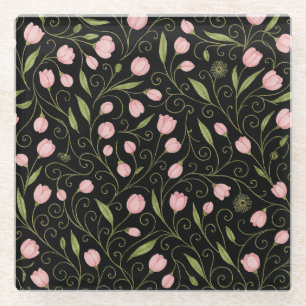 Cute, pink flower on black with repeating pattern glass coaster