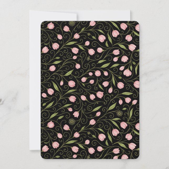 Cute, pink flower on black with repeating pattern  holiday card (Front)