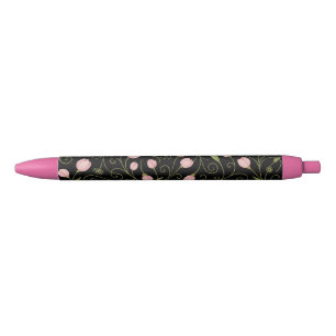Cute, pink flower on black with repeating pattern  ink pen