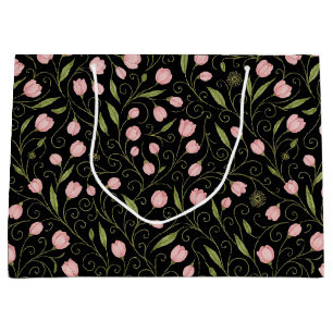 Cute, pink flower on black with repeating pattern  large gift bag