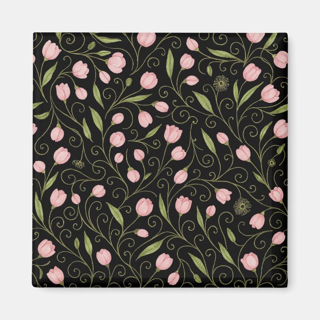 Cute, pink flower on black with repeating pattern  magnet (Front)