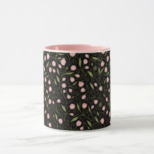 Cute, pink flower on black with repeating pattern mug