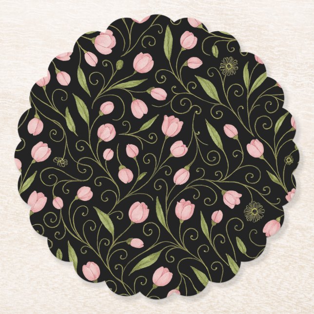 Cute, pink flower on black with repeating pattern  paper coaster (Front)