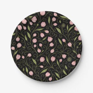 Cute, pink flower on black with repeating pattern  paper plate
