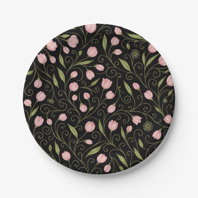 Cute, pink flower on black with repeating pattern  paper plate (Front)