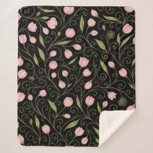 Cute, pink flower on black with repeating pattern  sherpa blanket