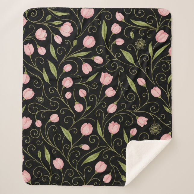 Cute, pink flower on black with repeating pattern  sherpa blanket (Front)