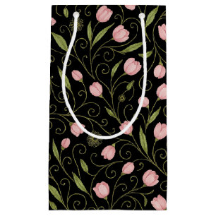 Cute, pink flower on black with repeating pattern small gift bag