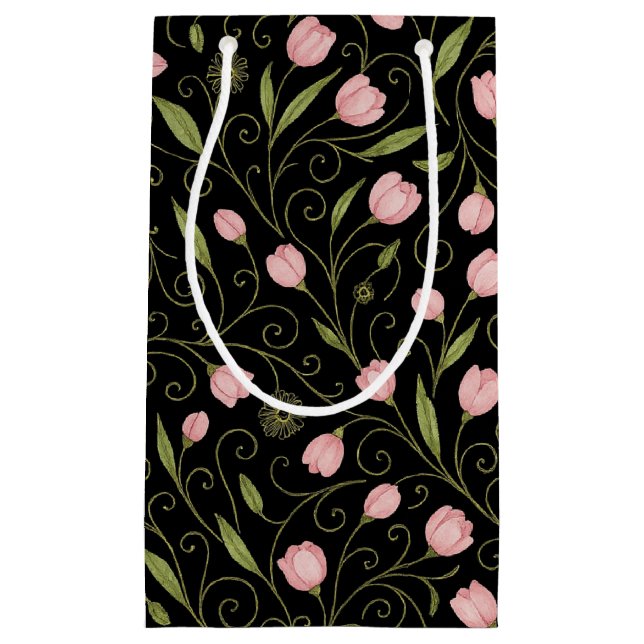 Cute, pink flower on black with repeating pattern  small gift bag (Front)