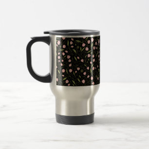 Cute, pink flower on black with repeating pattern travel mug