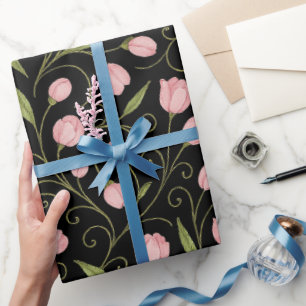 Cute, pink flower on black with repeating pattern  wrapping paper