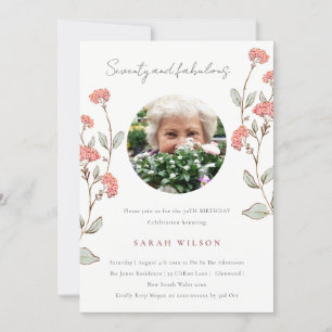 Cute Pink Flower Wreath Photo 70th Birthday Invite