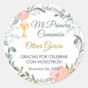 Cute Pink flowers and chalice First Communion  Classic Round Sticker