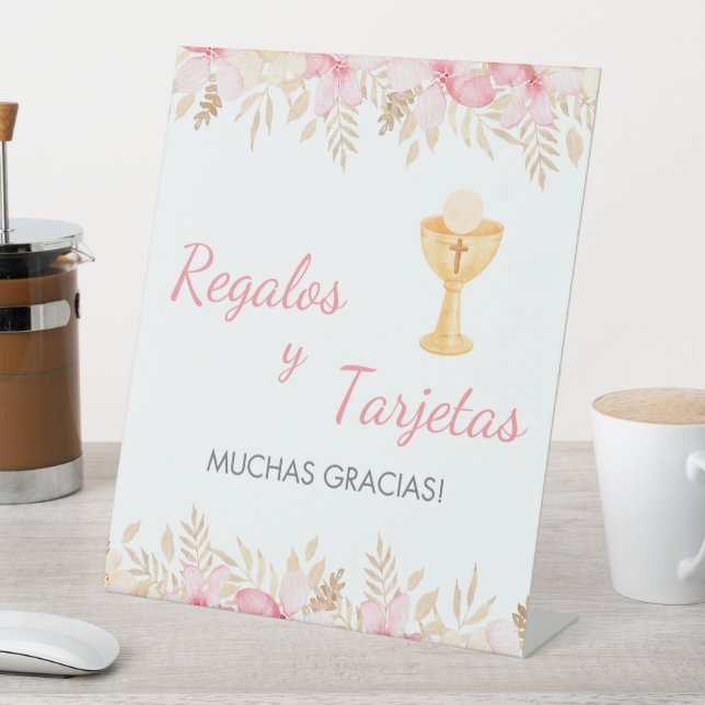 Cute Pink Flowers and Chalice First Communion  Pedestal Sign (In SItu)