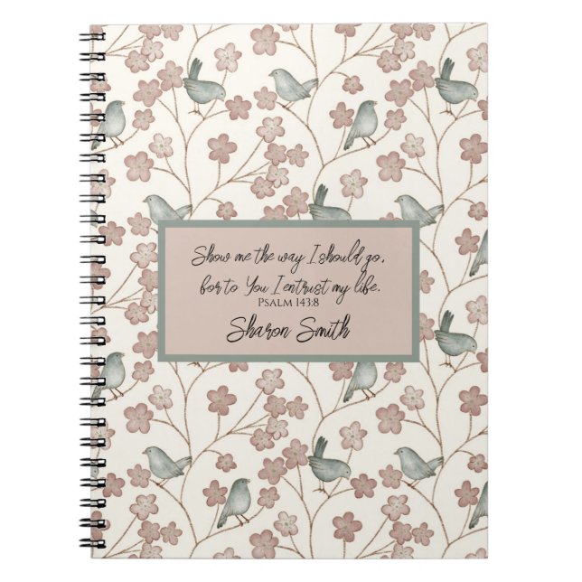 Cute Pink Flowers and Green Illustrated Birds Notebook (Front)