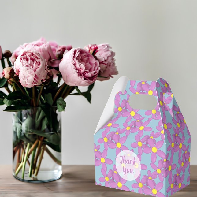 Cute Pink Flowers Floral Custom Thank You Blue Favor Box (A pretty pink floral favor box with space for a thank you)
