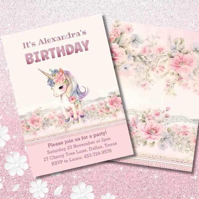 Cute Pink Flowers Girl Unicorn Birthday Invitation (Creator Uploaded)