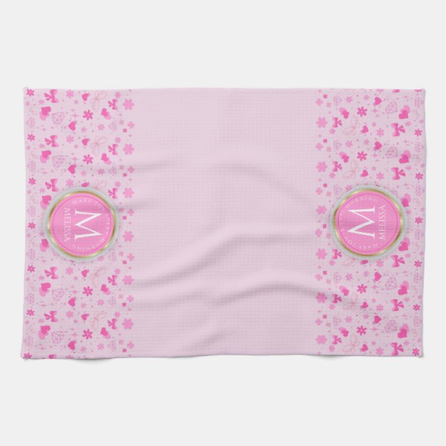 Cute Pink Flowers Pattern, Girly Floral Design Kitchen Towel (Horizontal)