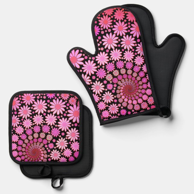 Cute Pink Flowers Pattern Oven Mitt & Pot Holder Set (Front/Back)