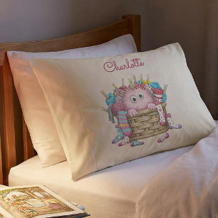 Cute Pink Fluffy Sock Monster Kids Design Pillowcase