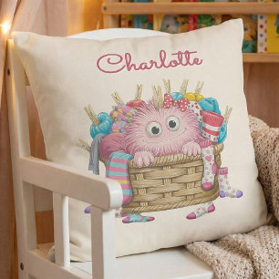 Cute Pink Fluffy Sock Monster Kids Design Throw Pillow